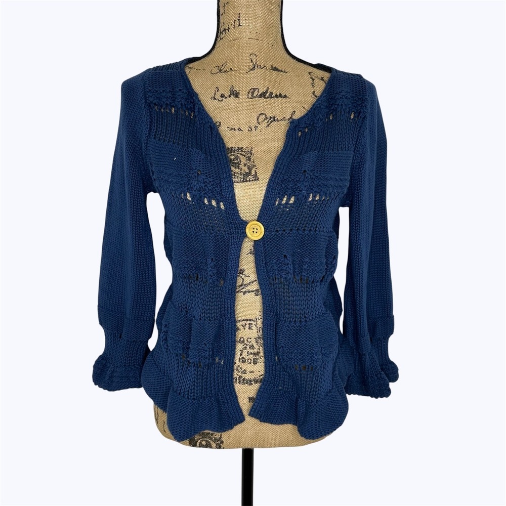 Heather B Open Knit Cardigan Sweater Blue Cottagecore Spring Layer Office Sz L